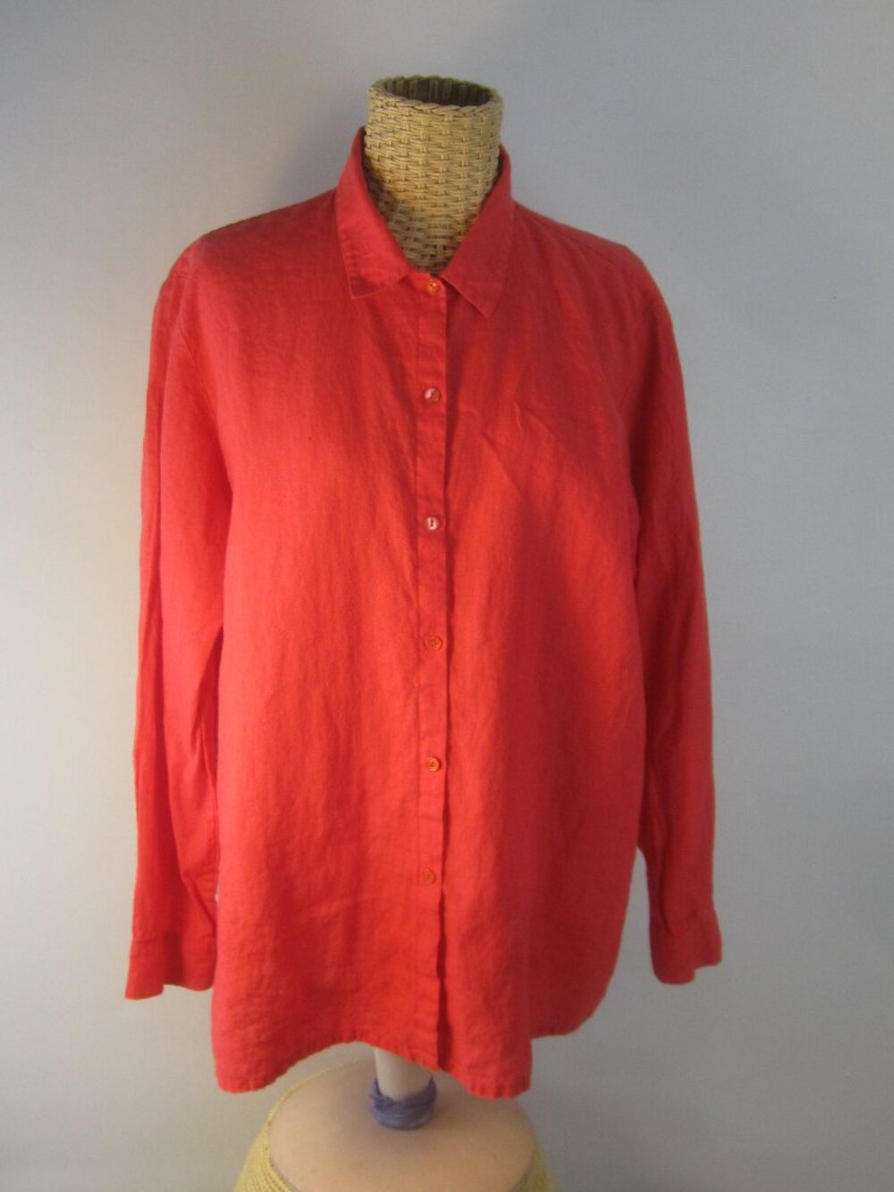 Eileen Fisher Women PP Petite Tomato Red LS Linen Shirt Classic 46" Relaxed